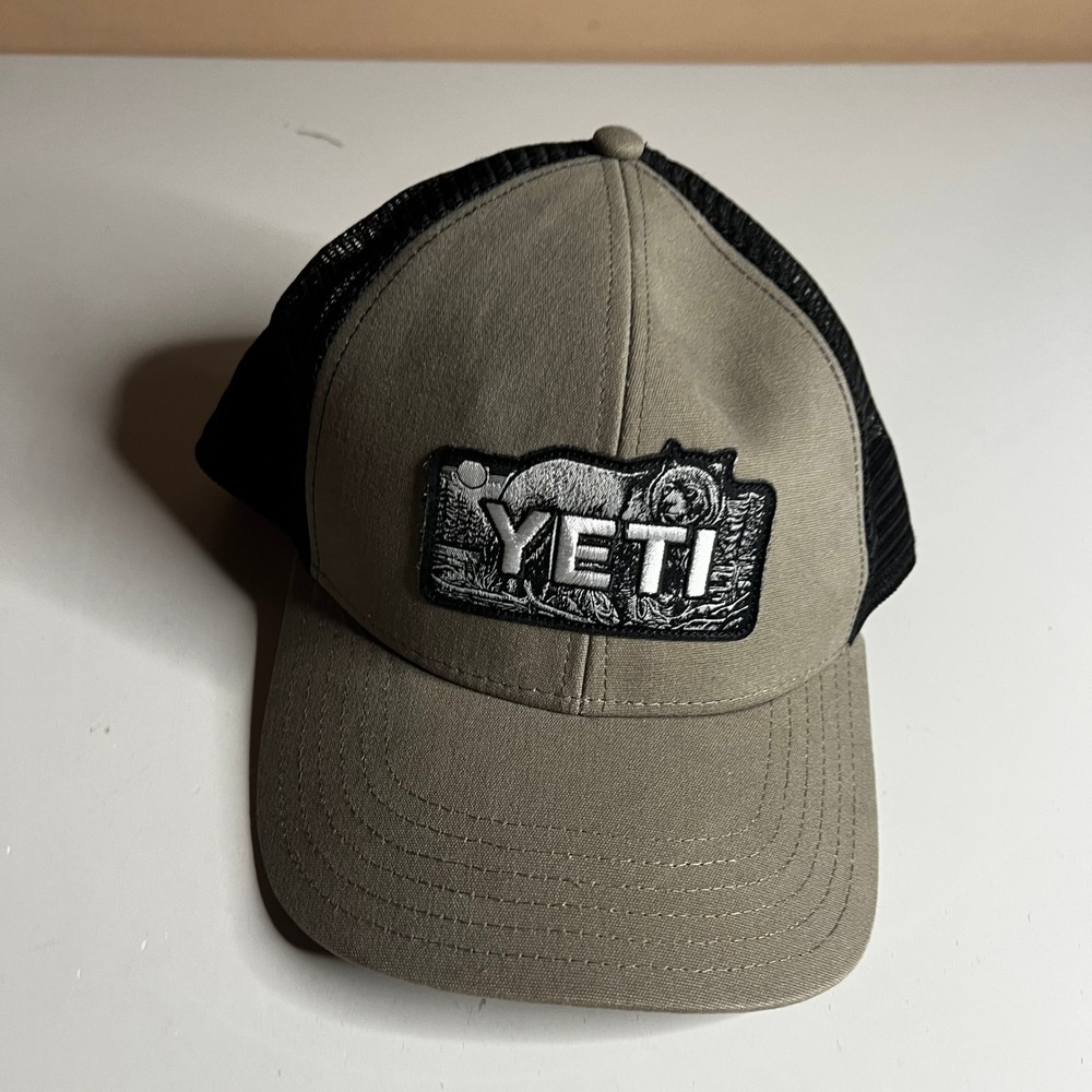 YETI Bear Patch Trucker Hat Tan Black Mesh Snapback NetPlus Brim Cap
